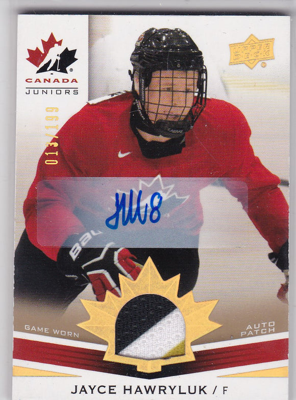Jayce Hawryluk 2014-15 UD Team Canada Juniors Autograph Patch card #172 #d 013/199