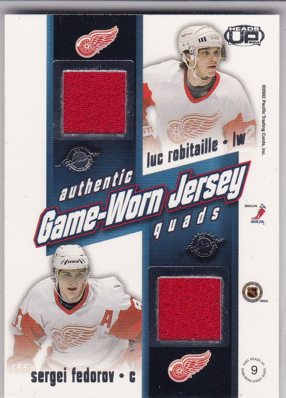 Blake Sakic Robitaille Fedorov 2002-03 Pacific Heads Up Quad Jersey Card #9