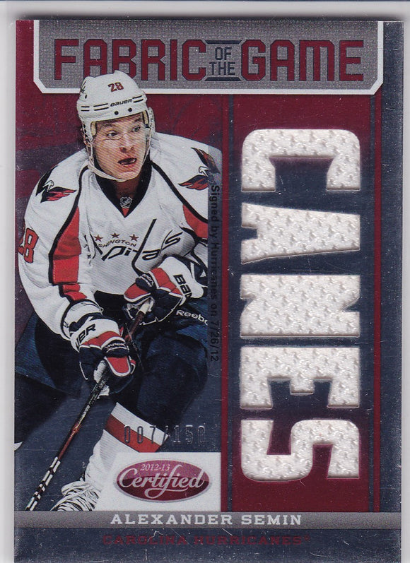 Alexander Semin 2012-13 Certified Fabric Of The Game CANES Jersey card FOG-SEM #d 007/150