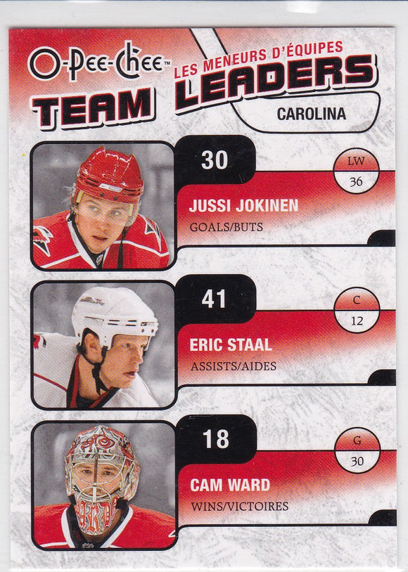 Eric Staal Cam Ward Jussi Jokinen 2010-11 O-Pee-Chee Team Leaders card TL-6