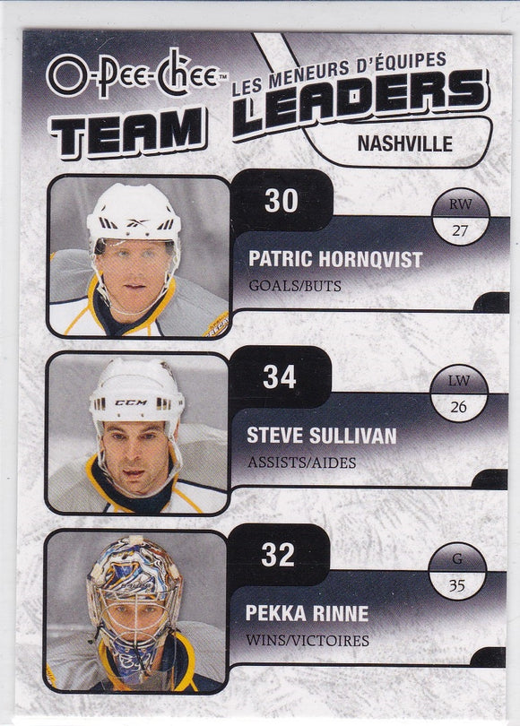 Steve Sullivan Pekka Rinne Patric Hornqvist 2010-11 O-Pee-Chee Team Leaders card TL-17